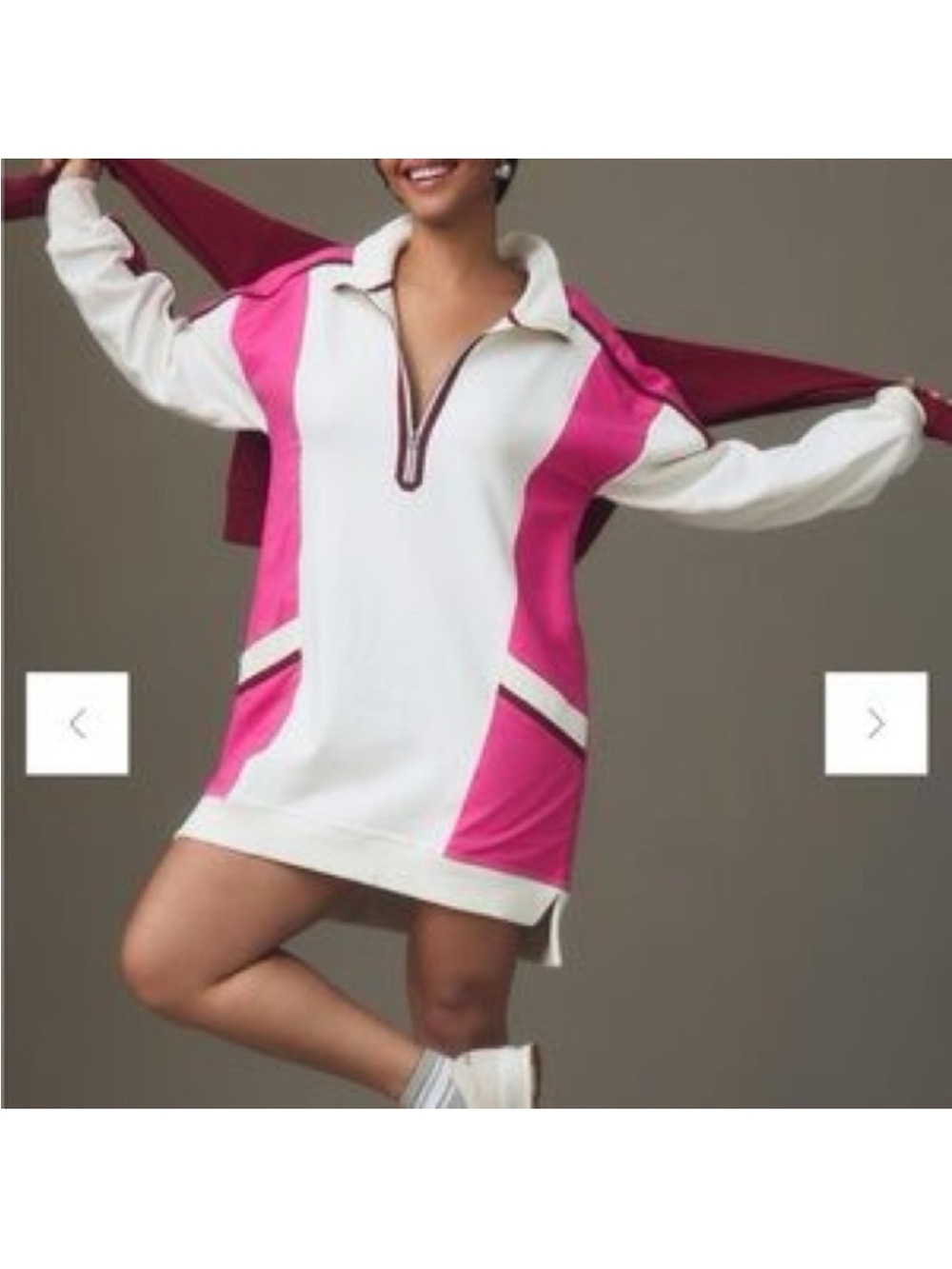 Daily Practice Anthropologie White and Hot Pink Half-Zip Tunic Sweatshirt Dress